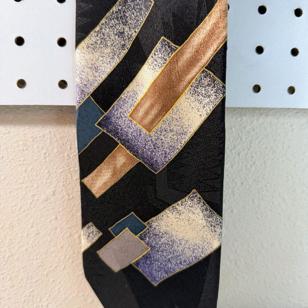 Chez Roffe New York Men Silk Necktie Abstract Geometric Vintage Black 50" Tie